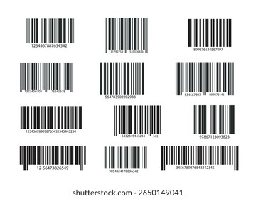 Multiple barcode patterns with numeric codes displayed in black on a white background, showing different barcode styles for identification and labeling. Vector illustration