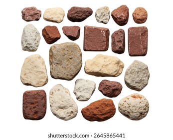 Multiple Bauxite Rock Pieces of Varying Sizes Arranged Neatly on White Background – Natural Aluminum Ore Mineral Collection