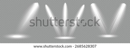 Multiple beam angles suit event or product scenes. Finally, it includes light beams and a light effect. Reflected lights enhance realism on floor and surface. Set of isolated spotlight light effects.