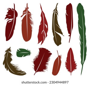 Multiple bird feathers silhouette, vector