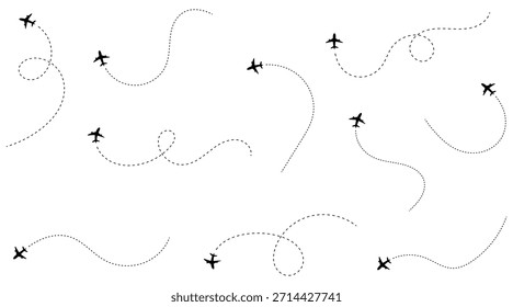 Multiple black airplane silhouettes flying along diverse dotted flight paths representing global travel routes and exciting journey adventures