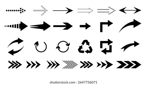 Multiple black arrow icons in different styles and directions on a white background, showcasing movement, direction, navigation, and recycling concepts. Vector illustration