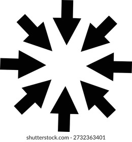 Multiple black arrows pointing inwards towards a central point, set on transparent grid.
