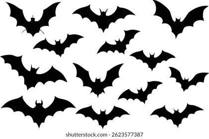 Multiple black bat silhouettes in flight with unique wing positions against a transparent backdrop for Halloween-themed design elements.