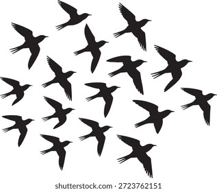 Múltiples pájaros negros volando juntos en bandada sobre un fondo blanco, creando una representación visualmente atractiva de la libertad y el movimiento en una simple ilustración gráfica.