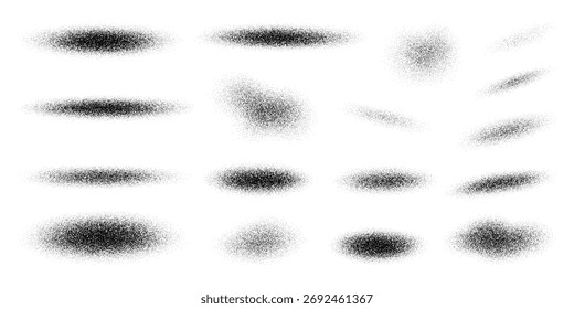 Multiple black dot grain stipple noise vector elements on white background. Abstract texture overlay for graphic design and effect collection.