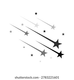 Multiple black and grey shooting stars with fading trails and scattered smaller stars create an abstract celestial graphic design element on a clean white background.