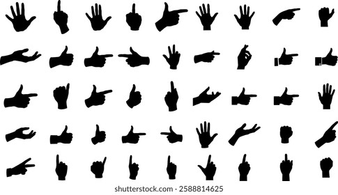 Multiple black hand silhouettes demonstrate various gestures, conveying emotions and interactions in a minimalist and expressive manner.