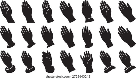 Múltiples siluetas de manos negras se muestran en diferentes posiciones y gestos sobre un fondo blanco limpio, creando un elemento de Diseño gráfico visualmente atractivo.
