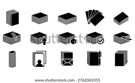 Multiple black isometric icons of stacked cards and documents, some featuring symbols like a paperclip, arrow, checkmark, person, envelope, and pen, in a minimalist graphic style