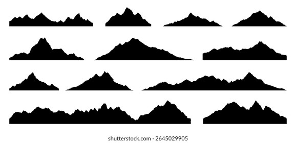 Multiple black mountain silhouettes isolated on white background. Nature landscape outline horizon. Adventure and travel concept.