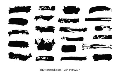 Múltiples trazos de pintura negra con diversas texturas y técnicas de pincel. Forma del carbón, punto abstracto del grunge de la pintura de la tinta aislado en fondo blanco. Bordes de texto simples