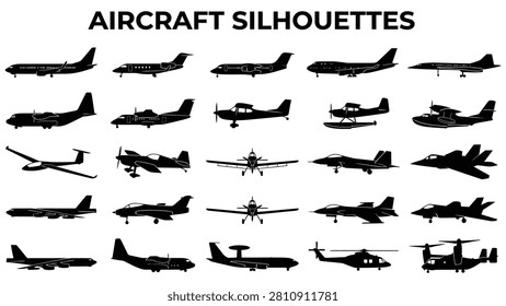 Multiple black silhouettes of different airplanes and helicopters on white