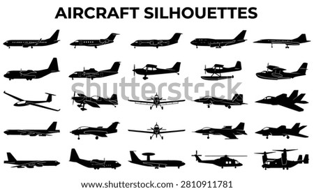 Multiple black silhouettes of different airplanes and helicopters on white