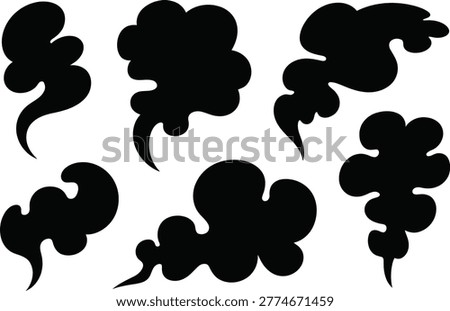 Multiple black smoke or steam plume shapes designed for visual representation of heat energy movement and atmospheric gaseous flowing patterns