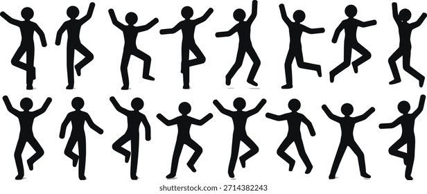 Multiple black stick figures are shown in various dynamic poses, including balancing on one leg and energetic movements.