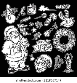 multiple black and white christmas illustrations in multiple packaging objects

