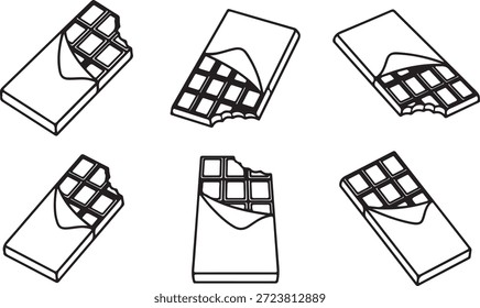 Multiple black and white drawings of chocolate bars, each with a bite taken, presented in different angles with their wrappers open.