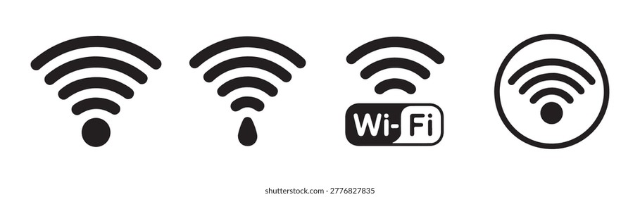 Multiple black Wi-Fi icons illustrating different levels of wireless signal and unique artistic interpretations including water drop.