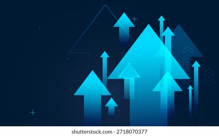 Multiple blue arrows race upward, blue arrows abstract background material design. Overlapping translucent arrows create a sense of accelerating growth