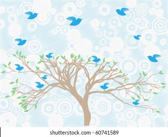 Multiple blue birds perch and fly around tree abstract sky and clouds editable vector illustration