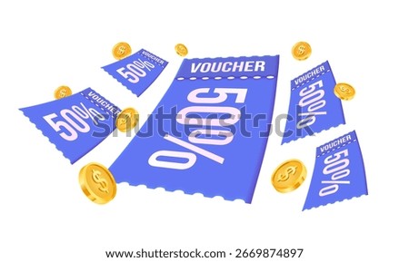 Multiple blue discount vouchers fly with 50% off, surrounded by golden coins, isolated on white background. Coupon fly with dollar coin in 3d vector illustration