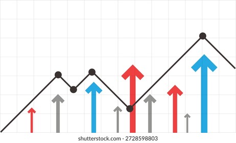 Mehrere blaue und rote Unternehmenspfeile, die zusammen vertikal nach oben zeigen, mit einem Aufwärtsdiagramm, das gemeinsamen Optimismus, Gewinnwachstum und wirtschaftliche Expansion darstellt