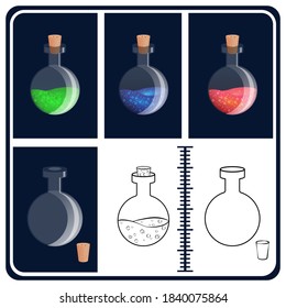 Multiple bottles with and without colorful liquid. Set bottles of potion. Magical bottles. Cartoon bottles.