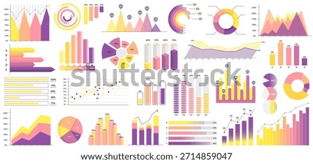 Multiple business data charts including bar, pie, and line styles in pastel colors, flat graphic style, on white background. Concept of analytics. Vector illustration