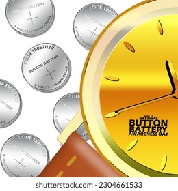 Multiple Button Battery with a gold watch and bold text on white background to commemorate National Button Battery Awareness Day on June 12