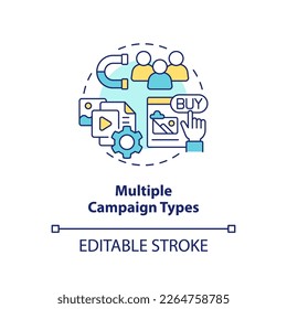 Multiple campaign types concept icon. Effective ads. Social media advertising tip abstract idea thin line illustration. Isolated outline drawing. Editable stroke. Arial, Myriad Pro-Bold fonts used