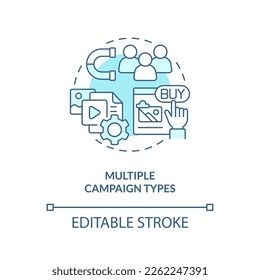 Multiple campaign types turquoise concept icon. Social media advertising tip abstract idea thin line illustration. Isolated outline drawing. Editable stroke. Arial, Myriad Pro-Bold fonts used