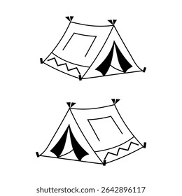 Multiple camping tents. Outdoor recreational shelters. Wilderness vacation trip. Vector nature scene.
