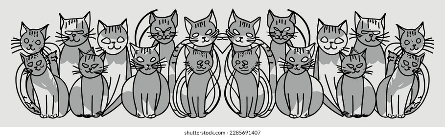 Multiple cats in a charming black and white vector illustration. Ideal for cat lovers and home decor. Whimsical and perfect for social media or any project needing feline flair.