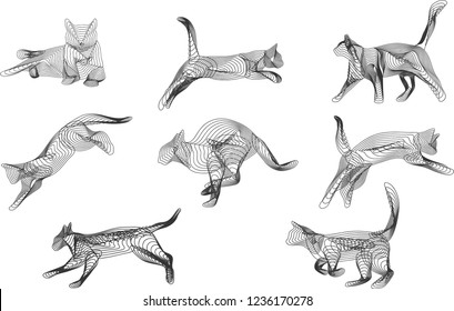 Multiple cats in various poses created from abstract lines