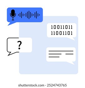 Multiple chat bubbles, one with a microphone icon and another with binary code, representing digital communication and AI. Ideal for technology, artificial intelligence, communication, data