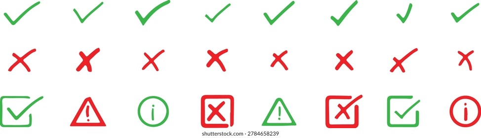 Multiple check marks and crosses symbols for true false yes no correct incorrect options selection voting.