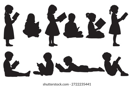 Varios niños en silueta leyendo libros en varias poses