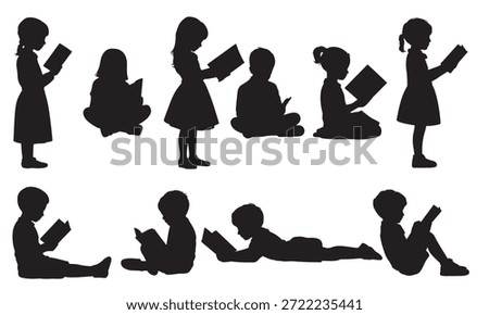 multiple children in silhouette reading books in various poses
