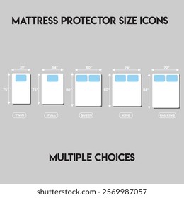 Multiple choice of signs and icons for mattress protector of American region sizes a vector based illustration