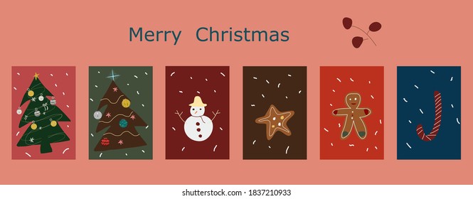 mehrere Weihnachtskarten mit Weihnachtsbaum, Schneemann, Keks