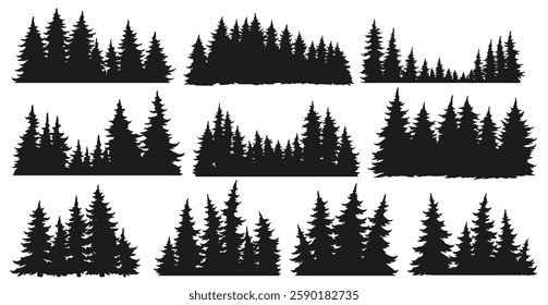 Multiple clusters of pine trees are displayed in silhouette form representing different natural arrangements. The designs suggest a serene forest environment.