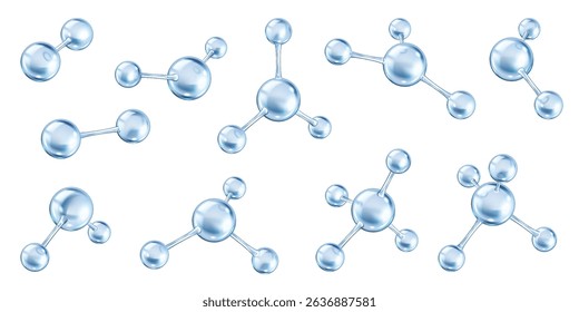 Multiple collagen molecules connecting realistic color icons set. Network of bonds and complex structures 3d objects bundle on white background