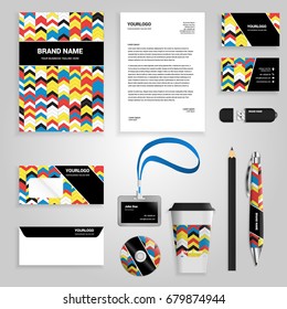 Multiple color arrows abstract Corporate identity template set. Business stationery mock-up with logo. Branding design. Geometric background.