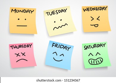 multiple color stickers, displaying day of week and face expression on each separate color, isolated on white background