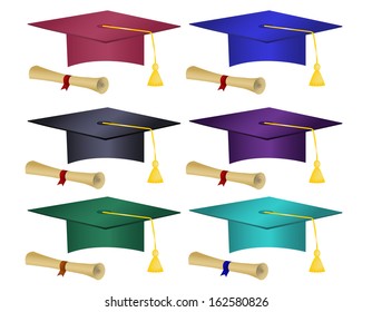 Multiple colored graduation hats and diplomas