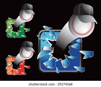 multiple colored icon breaking baseballs with hats