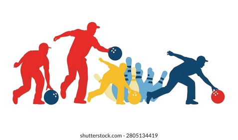 Multiple colorful silhouettes of bowling players in various action poses including throwing and aiming, accompanied by bowling balls and scattered pins on a white background.
