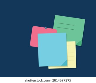 Multiple colorful sticky notes pinned together. Office paper supplies for organizing daily tasks and project reminders.