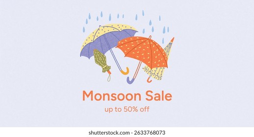 Multiple Colorful Umbrellas in Rain. Monsoon Sale Text with Discount Offer Below. Hand Drawn Flat Vector Illustration for Seasonal Promotion Poster, Social Media or Banner Template.